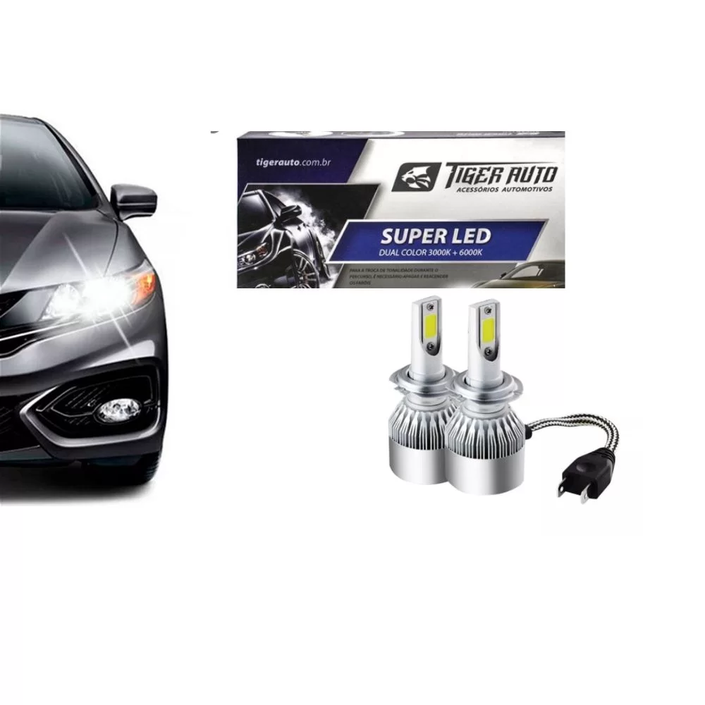 KIT LÂMPADA H7 SUPER LED 2D DUAL COLOR 3000 E 6000K 4800LM 12 E 24V DUAS CORES LUZ BRANCA E AMARELA - TIGER - TG1008H7