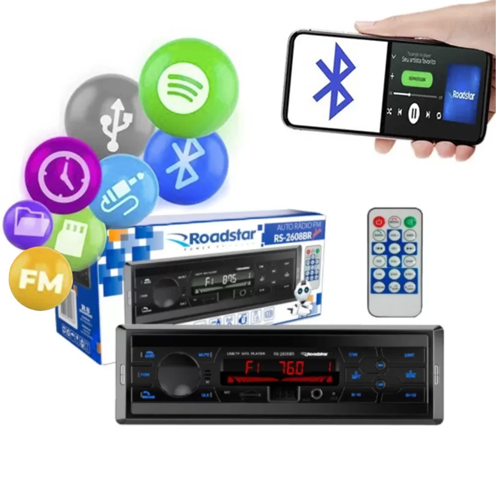 RÁDIO MP3 PLAYER AUTOMOTIVO COM BLUETOOTH, MICRO SD, AUXILIAR, 4 SAÍDAS RCA E 1 SAÍDAS USB - ROADSTAR RS-2608BR