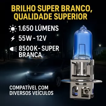 Kit 10 Lâmpadas Super Branca H3 8500k Farol Carro 12v 55w