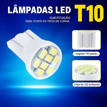 Lampadas T10 Pingo Led  Branca 8 Leds 6000K - 10 Unidades
