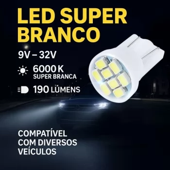 Lampadas T10 Pingo Led  Branca 8 Leds 6000K - 10 Unidades